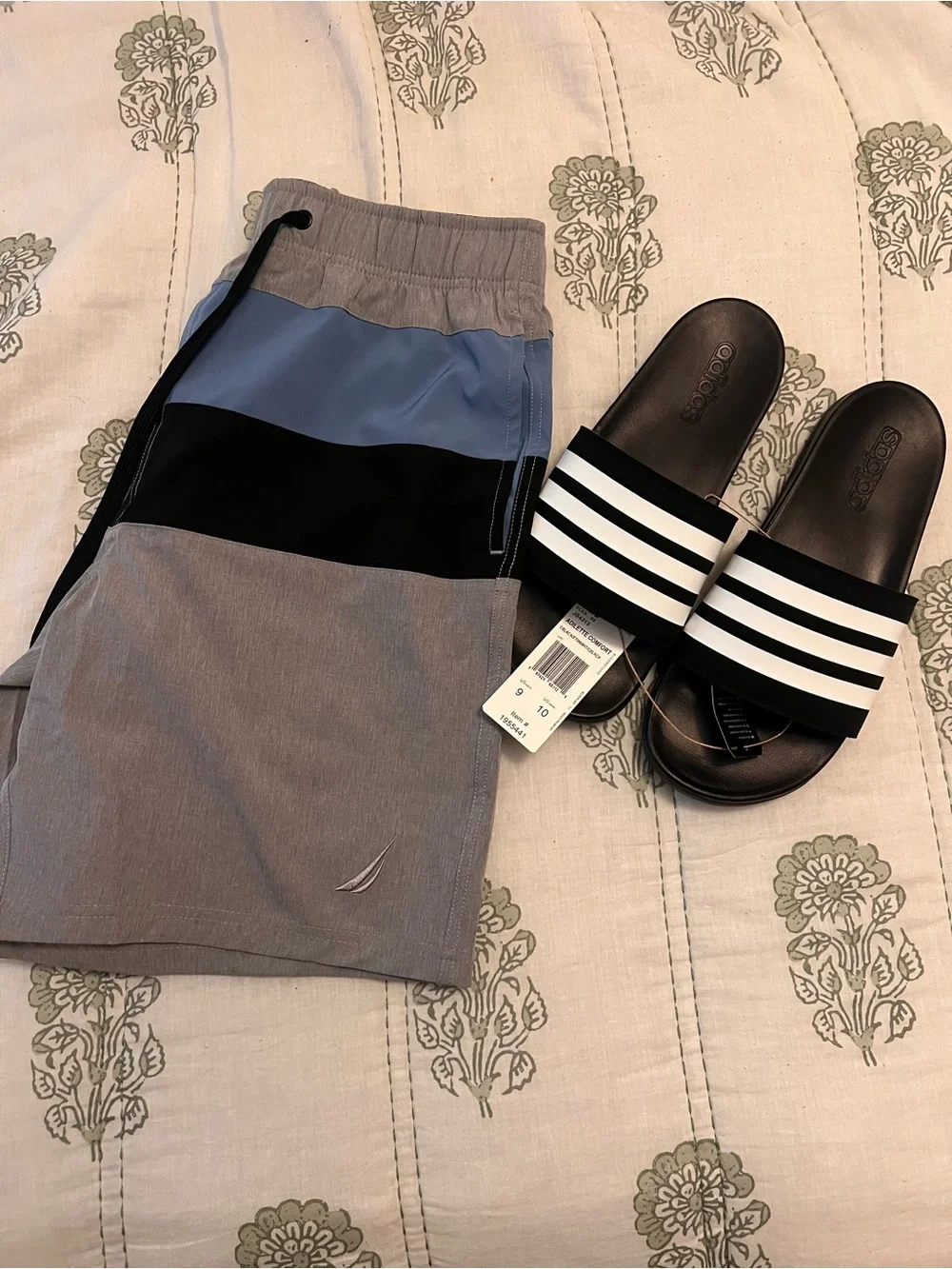 Adilette comfort slides with Nautica swim trunks